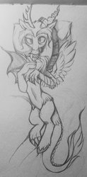 Size: 1011x2048 | Tagged: safe, artist:wkirin, discord, draconequus, g4, body pillow, body pillow design, looking at you, male, monochrome, sketch, solo, traditional art