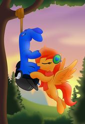 Size: 800x1167 | Tagged: safe, artist:jhayarr23, oc, oc only, earth pony, pegasus, pony, cap, clothes, duo, female, hat, headphones, kiss on the lips, kissing, male, mare, movie accurate, scarf, stallion, tree, tree branch, upside down