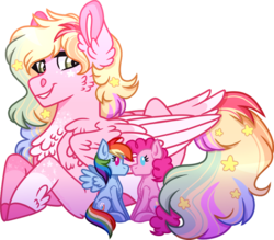 Size: 1024x895 | Tagged: safe, artist:artistcoolpony, pinkie pie, rainbow dash, pony, g4, chest fluff, doll, ear fluff, ethereal mane, female, lesbian, pegasus oc, ship:pinkiedash, shipping, simple background, starry mane, toy, transparent background