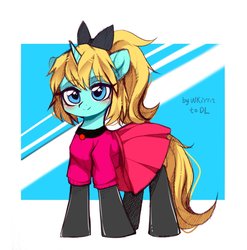 Size: 1422x1440 | Tagged: safe, artist:wkirin, oc, oc only, oc:diamonody, pony, unicorn, bow, clothes, dress, female, looking at you, mare, simple background, solo