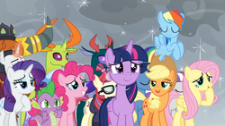 Size: 1366x768 | Tagged: safe, screencap, applejack, chancellor neighsay, fluttershy, moondancer, night light, pharynx, pinkie pie, prince rutherford, rainbow dash, rarity, spike, thorax, twilight sparkle, twilight velvet, alicorn, changedling, changeling, dragon, pony, g4, the ending of the end, changedling brothers, crying, king thorax, magic, mane six, prince pharynx, shield, tears of joy, twilight sparkle (alicorn), winged spike, wings