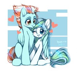Size: 1440x1333 | Tagged: safe, artist:wkirin, oc, pegasus, pony, unicorn, duo, female, heart, looking at each other, male, mare, simple background, stallion, straight