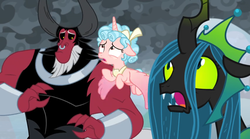 Size: 1366x762 | Tagged: safe, screencap, cozy glow, lord tirek, queen chrysalis, alicorn, pony, g4, the ending of the end, alicornified, bracer, cozycorn, flying, nose piercing, nose ring, oh crap, piercing, race swap, scared, septum piercing, speechless, surprised, uh oh, ultimate chrysalis