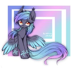 Size: 1890x1746 | Tagged: safe, artist:wkirin, oc, oc only, bat pony, pony, abstract background, bat pony oc, fangs, female, gradient mane, looking at you, mare, slit pupils, solo