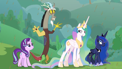 Size: 1366x768 | Tagged: safe, screencap, discord, princess celestia, princess luna, starlight glimmer, g4, the ending of the end, chocolate, chocolate rain, crown, food, jewelry, looking back, peytral, rain, regalia, royal sisters, siblings, sisters, stare, unamused