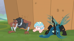 Size: 1366x768 | Tagged: safe, screencap, cozy glow, lord tirek, queen chrysalis, centaur, changeling, pegasus, pony, g4, the ending of the end, bow, bracer, crown, crushed, cupcake, defeated, displeased, food, former queen chrysalis, hair bow, humiliation, insect wings, jewelry, legion of doom, loser, losers, mean three, nose piercing, nose ring, piercing, regalia, septum piercing, spread wings, trapped, trio, wings