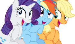 Size: 5703x3375 | Tagged: safe, alternate version, artist:sketchmcreations, applejack, rainbow dash, rarity, earth pony, pegasus, pony, unicorn, g4, growing up is hard to do, cute, dashabetes, female, jackabetes, mare, open mouth, open smile, raised hoof, raribetes, simple background, sitting, smiling, transparent background, trio, vector