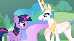 Size: 1366x768 | Tagged: safe, screencap, princess celestia, twilight sparkle, alicorn, pony, g4, the ending of the end, blushing, crown, glad, happy, hoof on chest, jewelry, peytral, proud, regalia, twilight sparkle (alicorn)
