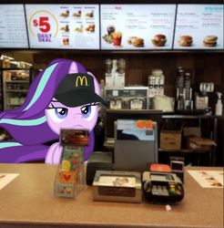Size: 607x617 | Tagged: safe, starlight glimmer, pony, unicorn, g4, fast food, female, food, irl, mcdonald's, photo, ponies in real life, solo, starlight glimmer in places she shouldn't be