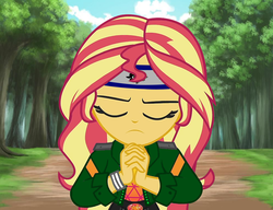 Size: 990x760 | Tagged: safe, edit, edited screencap, screencap, sunset shimmer, equestria girls, g4, my little pony equestria girls: better together, eyes closed, forest background, geode of empathy, kunoichi, magical geodes, naruto, naruto: shippūden, ninja, recolor