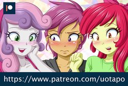 Size: 800x542 | Tagged: safe, artist:uotapo, apple bloom, scootaloo, sweetie belle, equestria girls, g4, growing up is hard to do, blushing, cutie mark crusaders, implied breasts, older, older apple bloom, older cmc, older scootaloo, older sweetie belle, paywall content