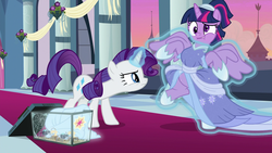 Size: 1920x1080 | Tagged: safe, screencap, rarity, twilight sparkle, alicorn, pony, spider, star spider, unicorn, g4, the last problem, alternate hairstyle, clothes, context is for the weak, coronation dress, dress, female, glowing horn, horn, magic, magic aura, majestic as fuck, mare, out of context, second coronation dress, telekinesis, twilight sparkle (alicorn)