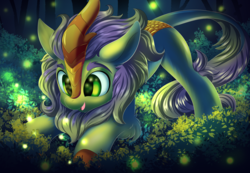 Size: 4225x2932 | Tagged: safe, artist:ask-colorsound, oc, oc only, oc:searing cold, firefly (insect), insect, kirin, cute, happy, nature, night, solo, tree