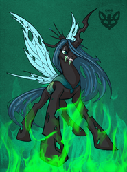 Size: 741x1000 | Tagged: dead source, safe, artist:glitched-aug, artist:squeedgemonster, queen chrysalis, changeling, g4, female, fire, green fire, solo