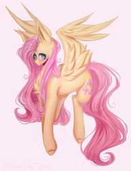 Size: 2196x2856 | Tagged: safe, artist:keltonia, fluttershy, pegasus, pony, g4, blushing, chest fluff, cute, female, high res, looking at you, mare, shyabetes, simple background, solo, spread wings, three quarter view, traditional art, white background, wings