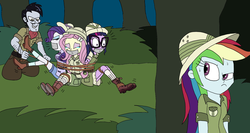 Size: 2481x1316 | Tagged: safe, artist:bugssonicx, daring do, fluttershy, rainbow dash, rarity, sci-twi, stalwart stallion, twilight sparkle, human, equestria girls, g4, ascot tie, bondage, boots, bound and gagged, clothes, crying, explorer outfit, facial hair, female, femsub, fluttersub, gag, hat, help us, jungle, pith helmet, rarisub, shirt, shoes, shorts, skirt, socks, struggling, submissive, sweat, tape, tape gag, this will end in pain, tied up, twisub