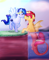 Size: 1129x1377 | Tagged: safe, artist:xradiantblaze, oc, oc:stormy, oc:summer, pegasus, pony, siren, eyes closed, gay, goggles, horn, interspecies, male, nuzzling, shipping, stallion, water