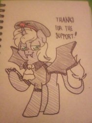 Size: 1536x2048 | Tagged: safe, artist:paperbagpony, oc, oc only, pony, unicorn, vampire, clothes, costume, fake wings, fangs, halloween, halloween costume, male, police, traditional art