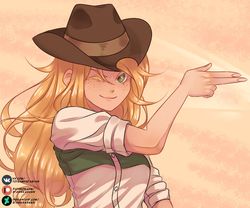 Size: 1280x1067 | Tagged: safe, artist:stasikkarasik, applejack, human, equestria girls, g4, bust, cowboy hat, cute, female, finger gun, freckles, hat, humanized, jackabetes, looking at you, one eye closed, smiling, smiling at you, solo, wink