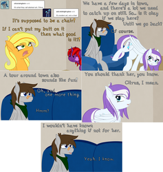Size: 2002x2110 | Tagged: safe, artist:phoenixswift, oc, oc only, oc:citrus twist, oc:fuselight, oc:rogue dream, oc:snowsong, pegasus, pony, ask fuselight, chair, female, high res, mare