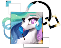 Size: 2815x2230 | Tagged: dead source, safe, artist:livitoza, princess celestia, pony, g4, bust, candy, chest fluff, female, food, halloween, high res, holiday, licking, lollipop, looking at you, portrait, solo, starry eyes, tongue out, wingding eyes