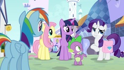 Size: 1920x1080 | Tagged: safe, screencap, fluttershy, rainbow dash, rarity, spike, twilight sparkle, alicorn, dragon, pony, g4, the ending of the end, saddle bag, twilight sparkle (alicorn), winged spike, wings