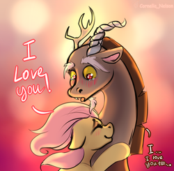 Size: 1906x1865 | Tagged: safe, artist:cornelia_nelson, discord, fluttershy, g4, abstract background, blushing, crying, cute, dialogue, discute, eyes closed, female, happy birthday mlp:fim, hug, i love you, male, mlp fim's ninth anniversary, ship:discoshy, shipping, shyabetes, sketch, smiling, straight, teary eyes, text