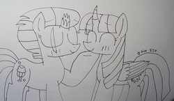 Size: 4483x2599 | Tagged: safe, artist:徐詩珮, fizzlepop berrytwist, tempest shadow, twilight sparkle, alicorn, pony, unicorn, g4, broken horn, female, horn, lesbian, lineart, mare, ship:tempestlight, shipping, traditional art, twilight sparkle (alicorn)