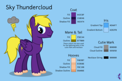 Size: 9600x6400 | Tagged: safe, artist:parclytaxel, oc, oc only, oc:sky thundercloud, pegasus, pony, .svg available, absurd resolution, blue background, cutie mark, jewelry, male, necklace, patreon, patreon reward, reference sheet, simple background, smiling, solo, stallion, unshorn fetlocks, vector