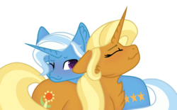Size: 881x545 | Tagged: safe, artist:wispyaxolotl, jack pot, sunflower spectacle, pony, g4, blushing, chest fluff, female, husband and wife, male, ship:jacktacle, starry eyes, trixie's parents, wingding eyes