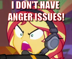Size: 355x291 | Tagged: safe, edit, edited screencap, screencap, sunset shimmer, equestria girls, equestria girls series, g4, game stream, spoiler:eqg series (season 2), anger issues, blatant lies, caption, cropped, female, image macro, rageset shimmer, solo, text, that pony sure have anger issues, yelling