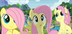 Size: 2271x1074 | Tagged: safe, fluttershy, pony, g4, the last problem, cute, female, filly, filly fluttershy, multeity, older, older fluttershy, shyabetes, solo, younger