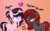 Size: 1410x882 | Tagged: safe, artist:mrbunbun20056, oc, oc only, oc:curse word, oc:magpie, pony, unicorn, bedroom eyes, female, glasses, gradient background, heart, horn, lesbian, mare, oc x oc, shipping, smiling, smirk, unicorn oc