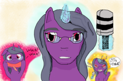 Size: 1367x906 | Tagged: safe, artist:randomreader-001, oc, oc only, oc:curse word, pony, unicorn, censored vulgarity, cross-popping veins, female, glasses, glowing horn, grawlixes, horn, magic, mare, microphone, red eyes, solo, telekinesis, tongue out, unicorn oc