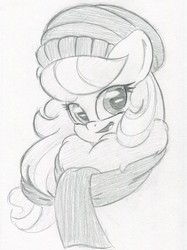Size: 1572x2097 | Tagged: safe, artist:zemer, oc, oc:feather belle, pony, beanie, chest fluff, clothes, fluffy, hair tie, hat, monochrome, open mouth, scarf, traditional art