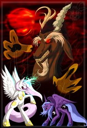 Size: 540x800 | Tagged: safe, artist:thatwickedsmile, discord, princess celestia, princess luna, draconequus, crying, fangs, female, glowing eyes, glowing horn, grin, hoof shoes, horn, male, manipulation, mare, marionette, puppeteer, rearing, red eyes, s1 luna, smiling