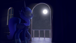 Size: 3840x2160 | Tagged: safe, artist:vefka, princess luna, alicorn, pony, g4, 3d, blender, castle, female, high res, jewelry, looking up, mane, melancholy, moon, night, regalia, sky, solo, tail, thinking, window
