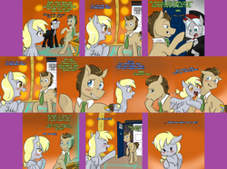 Size: 3006x2254 | Tagged: safe, artist:craftykraken, artist:jitterbugjive, derpy hooves, doctor whooves, time turner, oc, pegasus, pony, unicorn, lovestruck derpy, g4, doctor who, female, high res, male, mare, psychic paper, stallion, tardis, tardis console room, tardis control room, the doctor