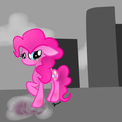 Size: 500x500 | Tagged: safe, artist:wisheslotus, pinkie pie, earth pony, pony, g4, building, cloud, crying, female, mare, raised hoof, solo