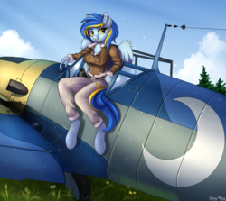 Size: 3272x2924 | Tagged: safe, artist:lightly-san, oc, oc only, oc:moondust messerschmitt, pegasus, anthro, unguligrade anthro, bf-109, clothes, crescent moon, female, high res, moon, plane, solo