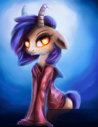 Size: 2550x3300 | Tagged: safe, artist:stdeadra, oc, oc only, demon, demon pony, original species, pony, succubus, blouse, blue, high res, horn, solo, yellow eyes