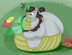 Size: 3500x2652 | Tagged: safe, artist:thetraktor, oc, oc only, oc:gesr, kirin, pony, belly, belly bed, bhm, big belly, blob, butt, chubby cheeks, double chin, exclamation point, fat, food, high res, huge belly, huge butt, immobile, impossibly large belly, impossibly large butt, interrobang, jewelry, kirin oc, kirin-ified, large belly, large butt, male, morbidly obese, obese, pizza, pizza box, plot, question mark, rolls of fat, solo, species swap