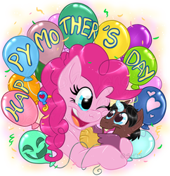 Size: 717x741 | Tagged: safe, artist:shalonesk, discord, pinkie pie, oc, oc:distort sphere, draconequus, g4, draconequus oc, duo, female, interspecies offspring, male, mother and son, mother's day, offspring, op is a slowpoke, parent:discord, parent:pinkie pie, parents:discopie