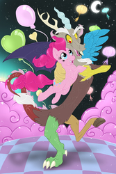 Size: 895x1340 | Tagged: safe, artist:shalonesk, discord, pinkie pie, g4, female, male, ship:discopie, shipping, straight