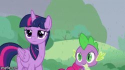 Size: 360x202 | Tagged: safe, screencap, pinkie pie, spike, twilight sparkle, alicorn, dragon, earth pony, pony, g4, season 9, the ending of the end, animated, chaos magic, discord magic, grogar's bell, happy face, magic, smiling, this will not end well, twilight sparkle (alicorn), xk-class end-of-the-world scenario