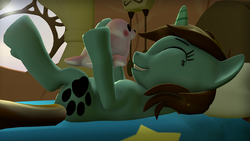 Size: 1920x1080 | Tagged: safe, artist:frosterdune, oc, oc:pawsie hooves, pony, unicorn, 3d, bedroom, eyes closed, grin, holding, lens flare, lying down, plushie, smiling, source filmmaker