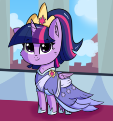 Size: 2564x2743 | Tagged: safe, artist:artiks, twilight sparkle, alicorn, pony, g4, the last problem, alternate hairstyle, cheek fluff, clothes, coronation dress, crown, cute, dress, female, high res, jewelry, looking at you, mare, regalia, second coronation dress, smiling, solo, twiabetes, twilight sparkle (alicorn)