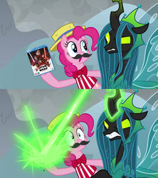 Size: 1920x2160 | Tagged: safe, edit, edited screencap, screencap, pinkie pie, queen chrysalis, changeling, changeling queen, earth pony, pony, g4, season 9, the ending of the end, angry, blast, blu-ray, chrysalis blasts things, clothes, crown, duo, duo female, even evil has standards, facial hair, female, frown, glowing, glowing horn, hat, high res, horn, jewelry, laser, magic, magic aura, magic blast, mare, moustache, open mouth, open smile, regalia, smiling, star wars, star wars: the last jedi, surprised, teeth, ultimate chrysalis, wings