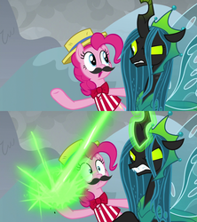 Size: 1920x2160 | Tagged: safe, edit, edited screencap, screencap, pinkie pie, queen chrysalis, g4, the ending of the end, angry, clothes, crown, facial hair, hat, jewelry, laser, magic, moustache, regalia, template, wings