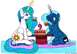 Size: 3495x2471 | Tagged: safe, artist:killerteddybear94, princess celestia, princess luna, alicorn, pony, g4, aweeg*, cake, cakelestia, candle, cute, duo, eating, female, food, happy birthday mlp:fim, high res, looking at each other, magic, mlp fim's ninth anniversary, open mouth, royal sisters, scrunchy face, siblings, sisters, sitting, smiling, table, traditional art
